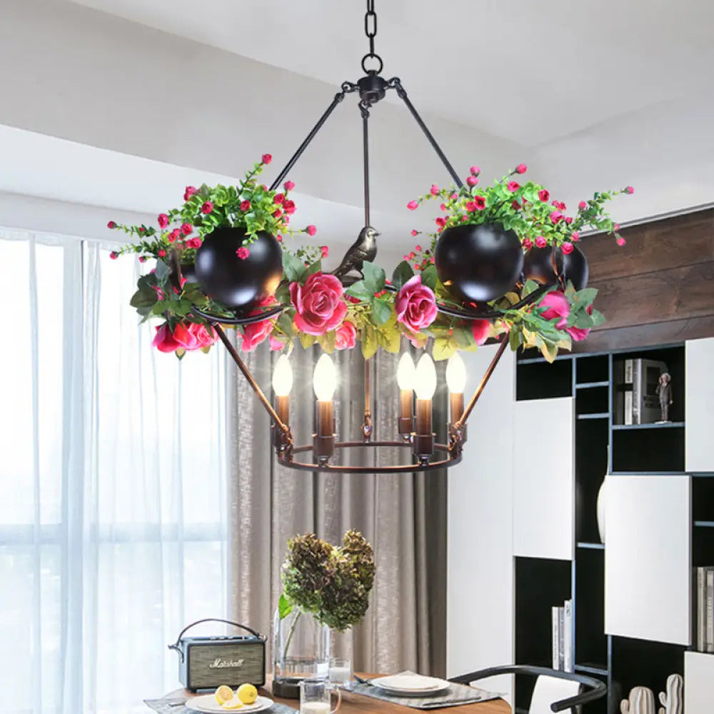 Iron Candle Chandelier With Industrial Style And Elegant Flower & Bird Decor - Perfect For