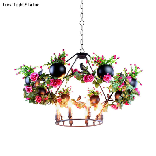 Industrial Iron Chandelier With 6/8 Bulbs And Flower & Bird Decor For Restaurant Pendant Lighting In