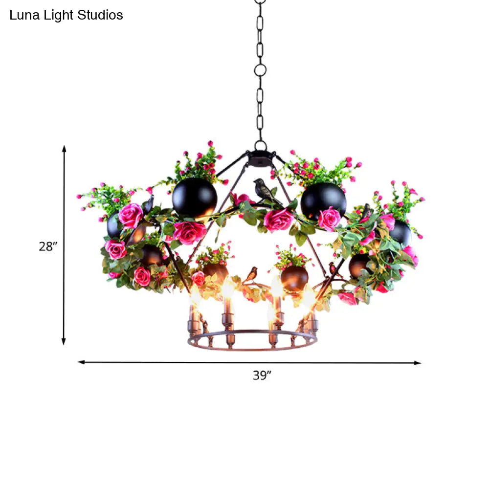 Iron Candle Chandelier With Industrial Style And Elegant Flower & Bird Decor - Perfect For