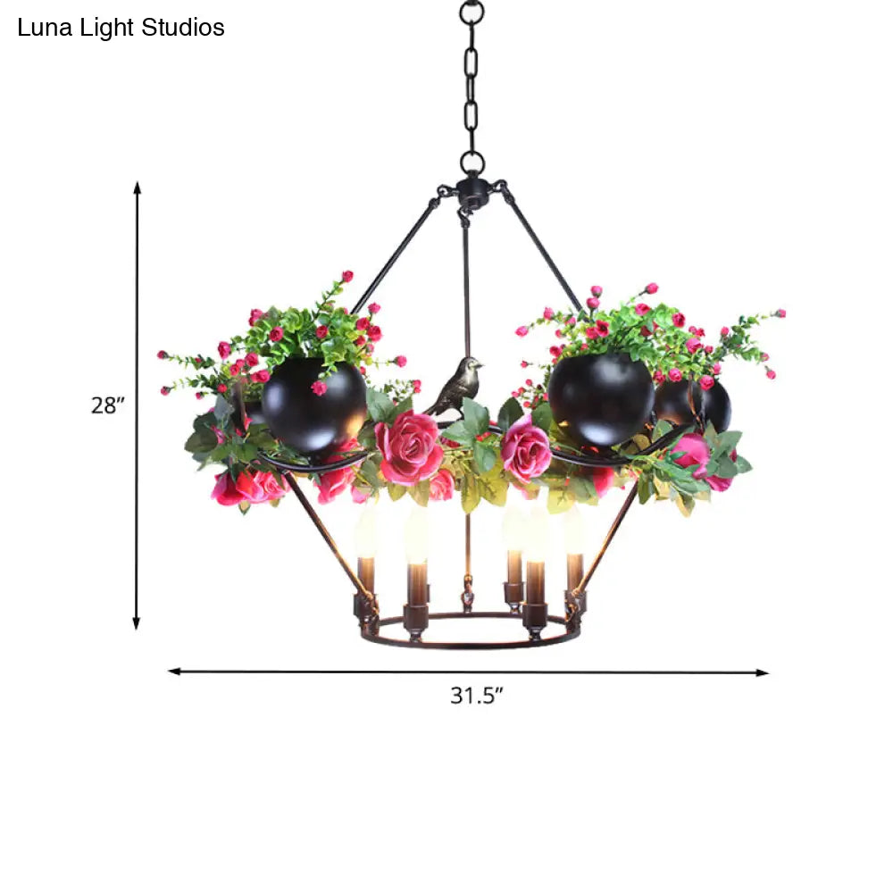 Iron Candle Chandelier With Industrial Style And Elegant Flower & Bird Decor - Perfect For