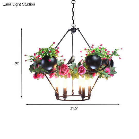 Iron Candle Chandelier With Industrial Style And Elegant Flower & Bird Decor - Perfect For