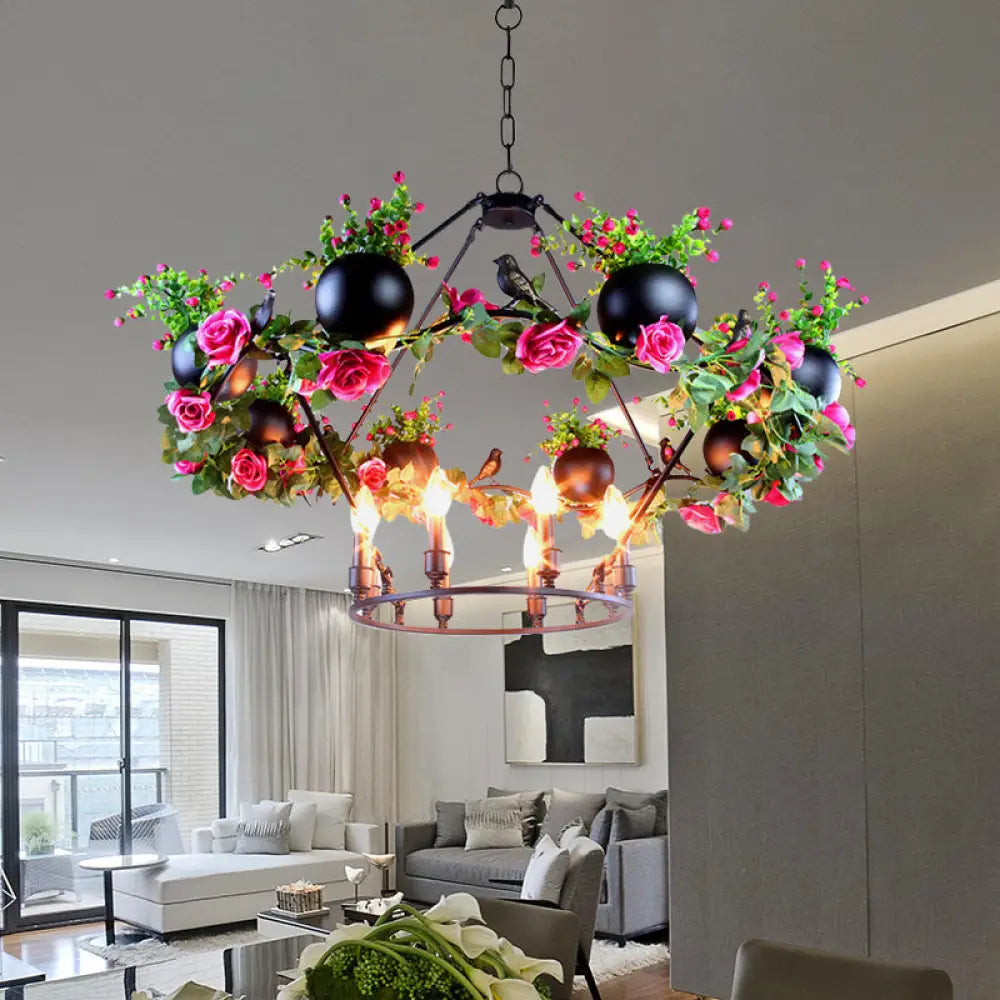 Iron Candle Chandelier With Industrial Style And Elegant Flower & Bird Decor - Perfect For