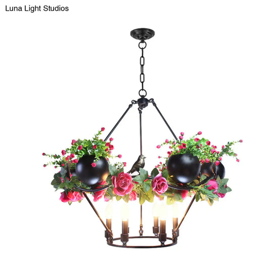 Iron Candle Chandelier With Industrial Style And Elegant Flower & Bird Decor - Perfect For