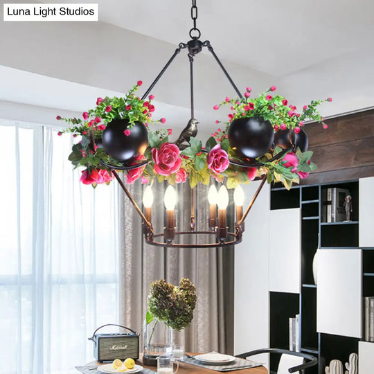 Industrial Iron Chandelier With 6/8 Bulbs And Flower & Bird Decor For Restaurant Pendant Lighting In