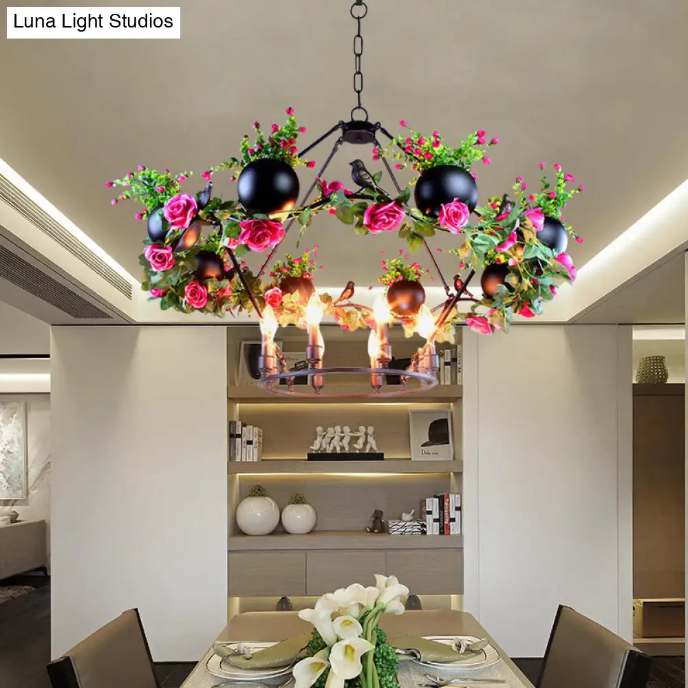 Industrial Iron Chandelier With 6/8 Bulbs And Flower & Bird Decor For Restaurant Pendant Lighting In