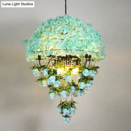 Iron Industrial Chandelier With Blue Bowl Wire Cage And Crystal Decoration - 10 Bulb Suspension