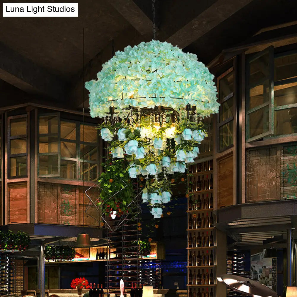 Iron Industrial Chandelier With Blue Bowl Wire Cage And Crystal Decoration - 10 Bulb Suspension