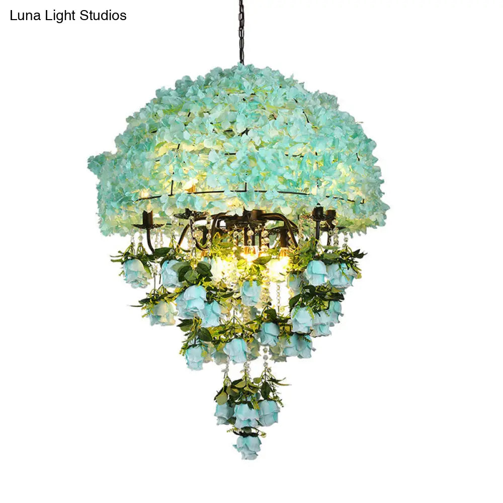 Iron Industrial Chandelier With Blue Bowl Wire Cage And Crystal Decoration - 10 Bulb Suspension