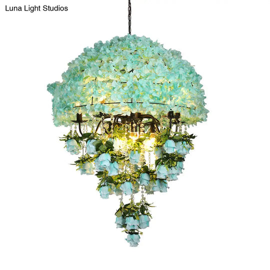 Iron Industrial Chandelier With Blue Bowl Wire Cage And Crystal Decoration - 10 Bulb Suspension