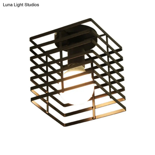 Iron Ceiling Mounted Industrial Black Rectangular Cage Flush Light - 1-Bulb Fixture For Corridors