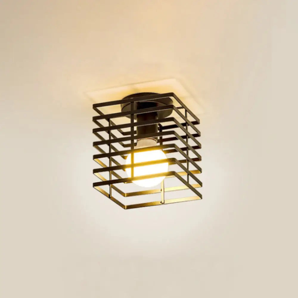 Iron Ceiling Mounted Industrial Black Rectangular Cage Flush Light - 1 - Bulb Fixture For Corridors