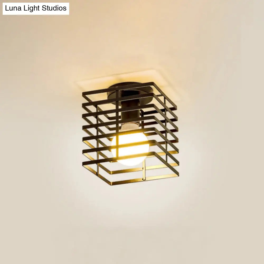 Iron Ceiling Mounted Industrial Black Rectangular Cage Flush Light - 1-Bulb Fixture For Corridors