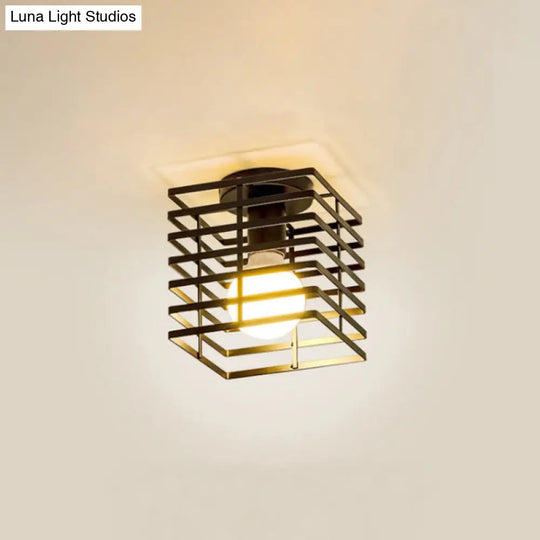 Iron Ceiling Mounted Industrial Black Rectangular Cage Flush Light - 1-Bulb Fixture For Corridors