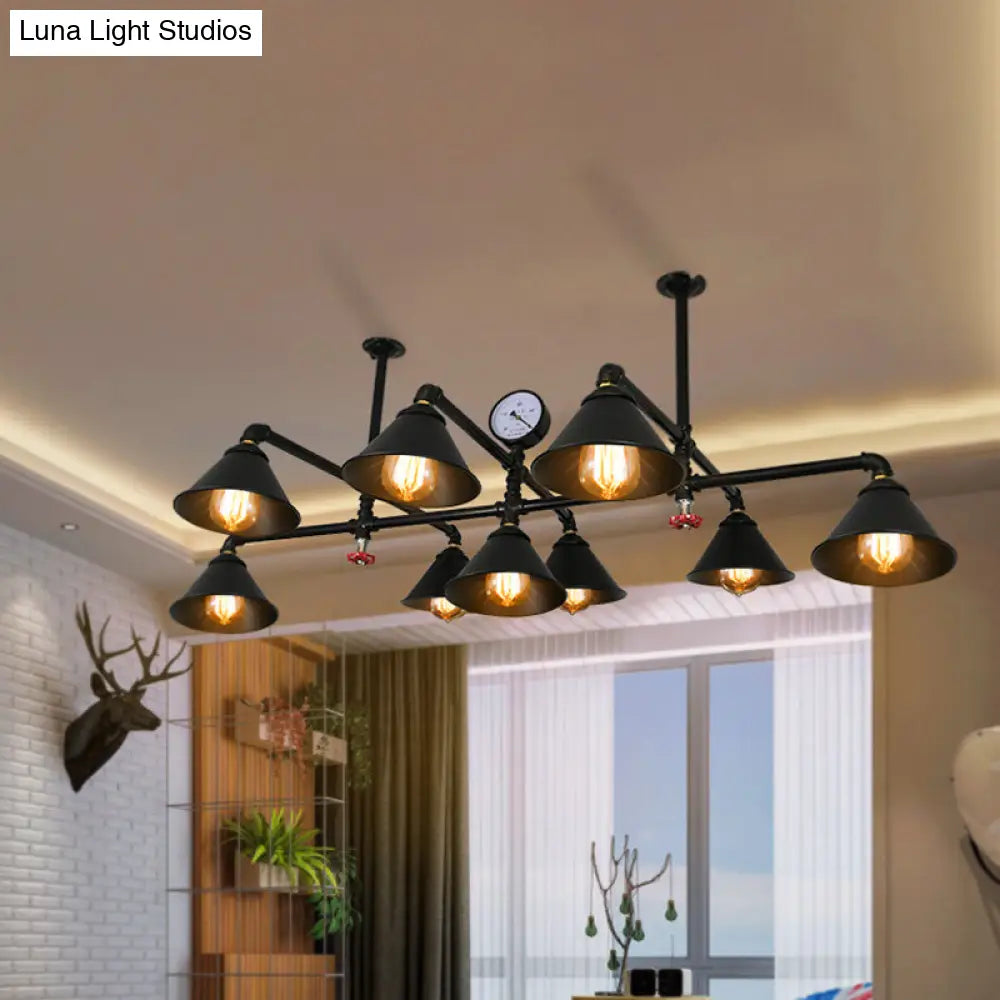 Industrial Black Iron Chandelier With 9 Cone Shade Pendant Lights For Living Room - Gauge Accent