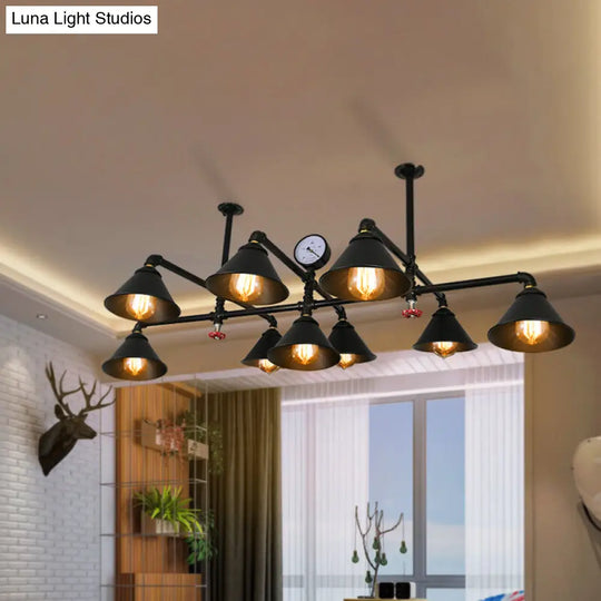 Industrial Black Iron Chandelier With 9 Cone Shade Pendant Lights For Living Room - Gauge Accent