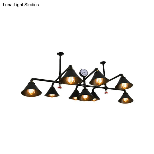 Industrial Black Iron Chandelier With 9 Cone Shade Pendant Lights For Living Room - Gauge Accent