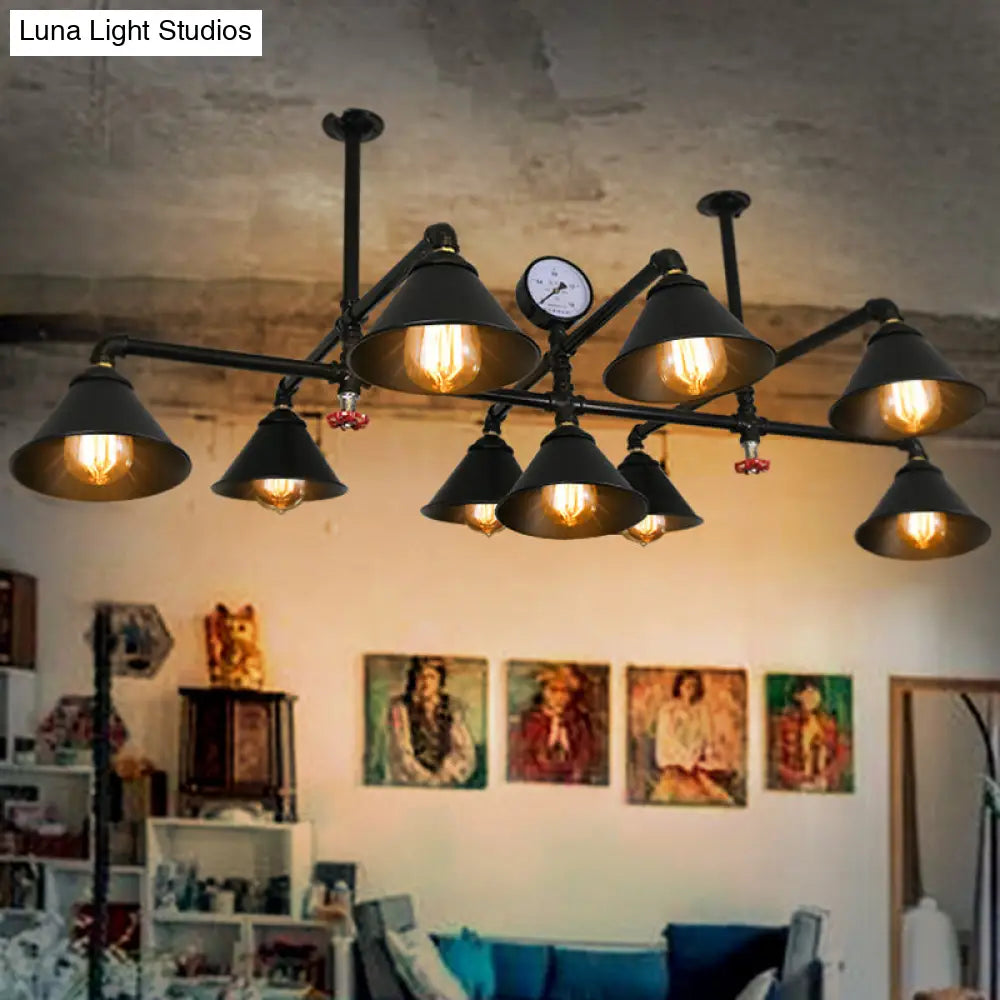 Industrial Black Iron Chandelier With 9 Cone Shade Pendant Lights For Living Room - Gauge Accent