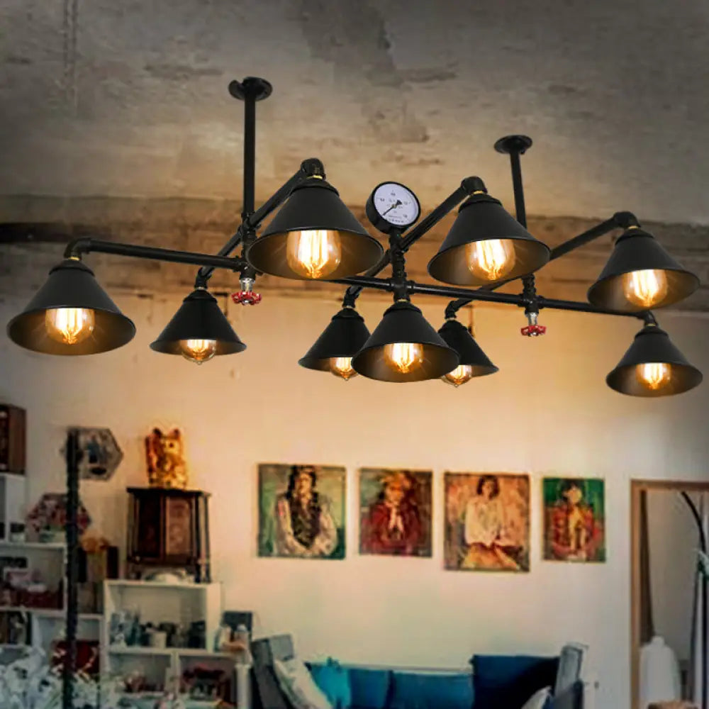 Iron Chandelier Pendant Light With Cone Shade - Industrial 9 Lights For Living Room Black Finish