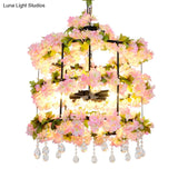 Iron Chandelier With Antique Black Finish Cylindrical Cage Design Crystal Drops And 6 Bulbs -