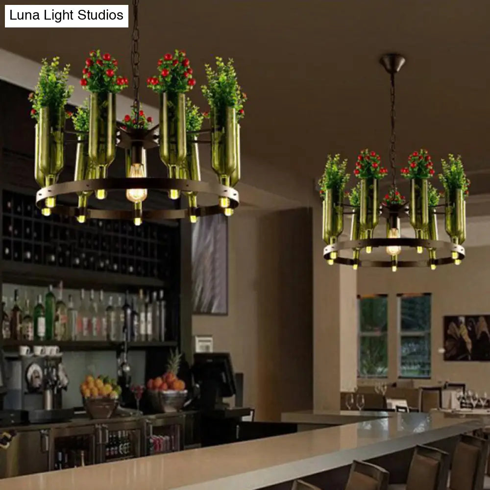 Iron Circular Chandelier Pendant Lamp In Black With Glass Pot And Plant - Restaurant Suspension