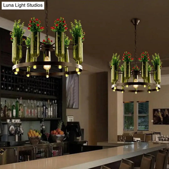 Iron Circular Chandelier Pendant Lamp In Black With Glass Pot And Plant - Restaurant Suspension