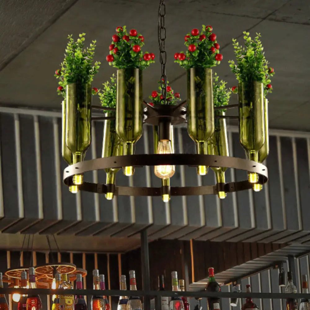 Iron Circular Chandelier Pendant Lamp In Black With Glass Pot And Plant - Restaurant Suspension