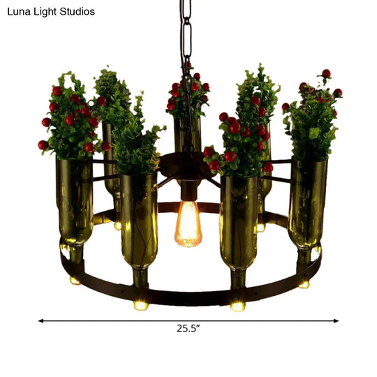 Iron Circular Chandelier Pendant Lamp In Black With Glass Pot And Plant - Restaurant Suspension