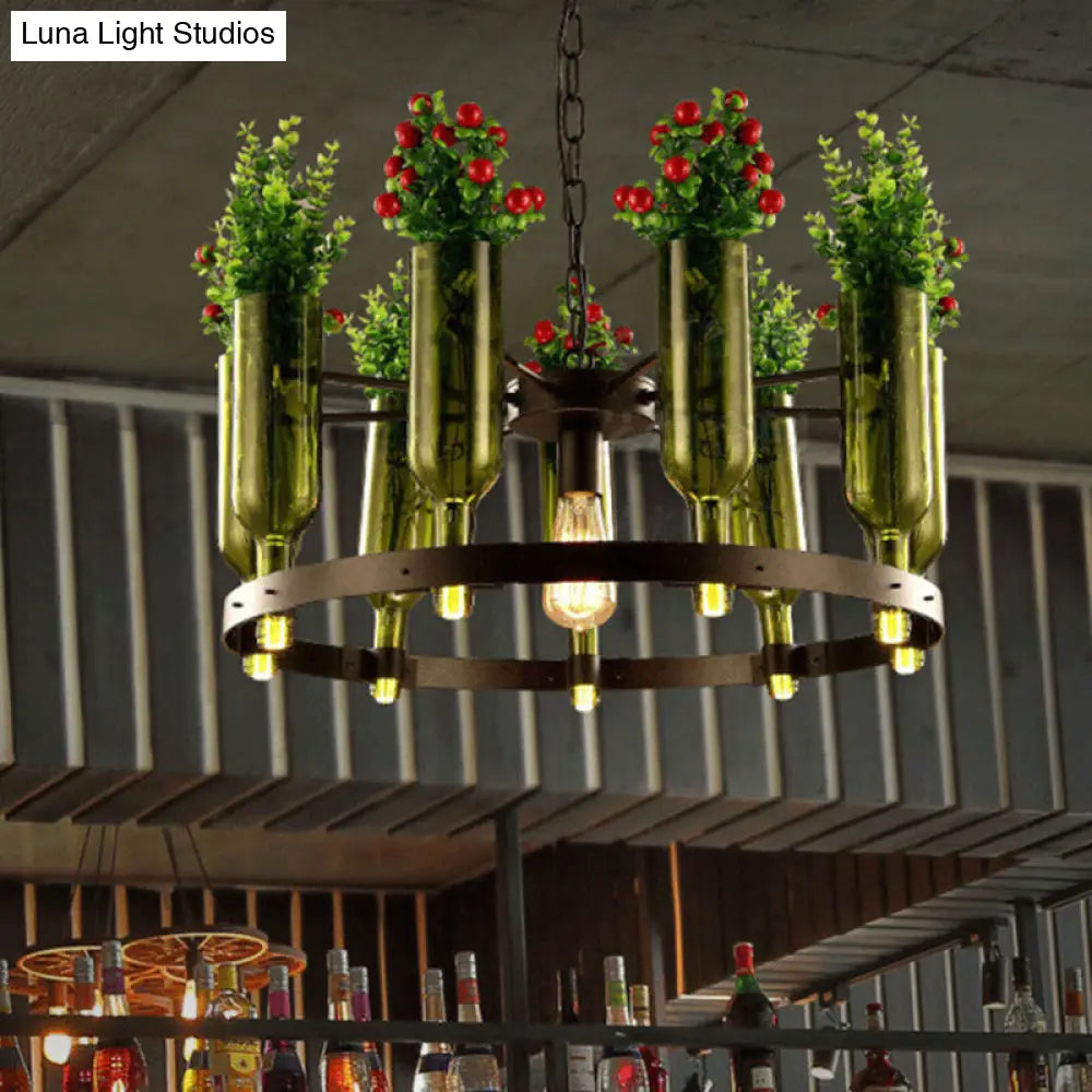 Country Style Iron Chandelier Pendant With Glass Pot And Plant - Black Suspension Lamp