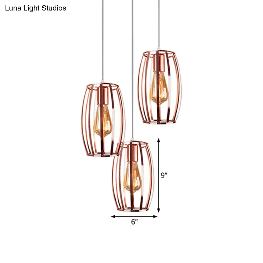 Iron Copper Hanging Lamp With Oval Cage Shade - Industrial Ceiling Fixture 3 Bulbs Stylish Lighting
