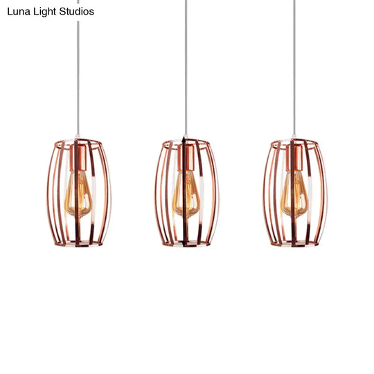 Iron Copper Hanging Lamp With Oval Cage Shade - Industrial Ceiling Fixture 3 Bulbs Stylish Lighting