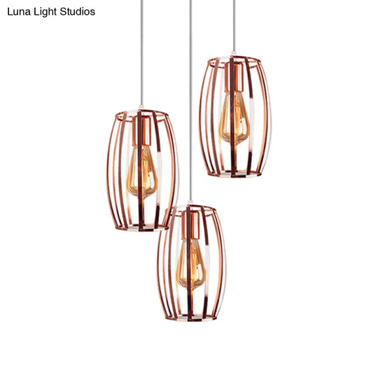 Iron Copper Hanging Lamp With Oval Cage Shade - Industrial Style Ceiling Fixture 3 Bulbs For Bedroom