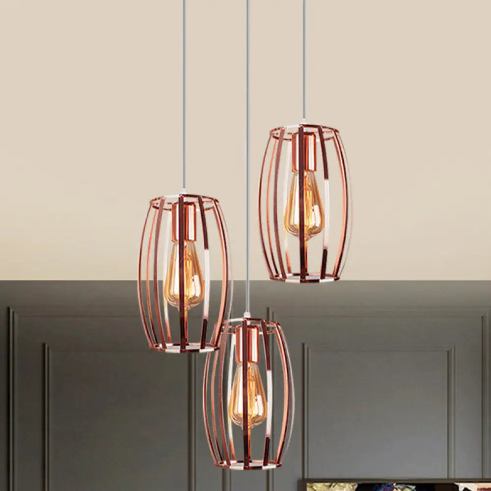 Iron Copper Hanging Lamp With Oval Cage Shade - Industrial Ceiling Fixture 3 Bulbs Stylish Lighting