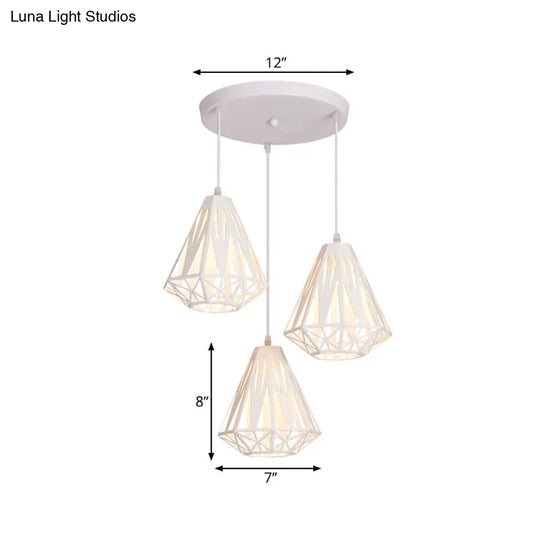 Iron Diamond Cage Pendant Light With 3 Heads Modern White Finish Suspended Ceiling Lamp