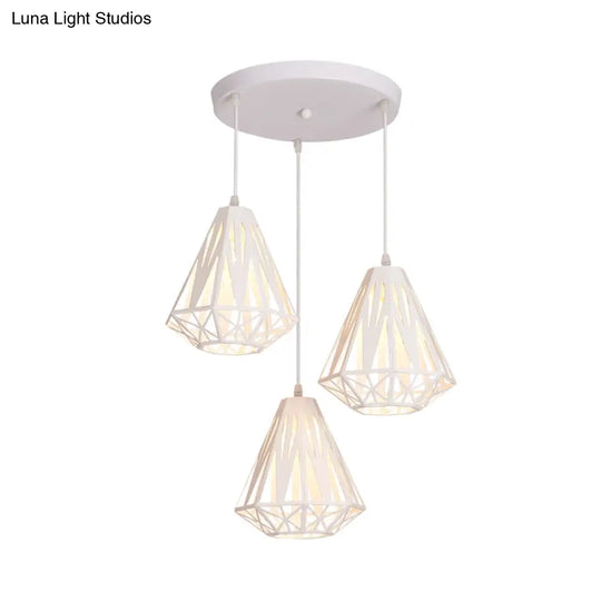 Iron Diamond Cage Pendant Light With 3 Modern White Heads - Stylish Ceiling Suspension Lamp