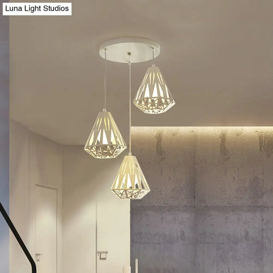 Iron Diamond Cage Pendant Light With 3 Heads Modern White Finish Suspended Ceiling Lamp