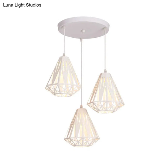 Iron Diamond Cage Pendant Light With 3 Heads Modern White Finish Suspended Ceiling Lamp