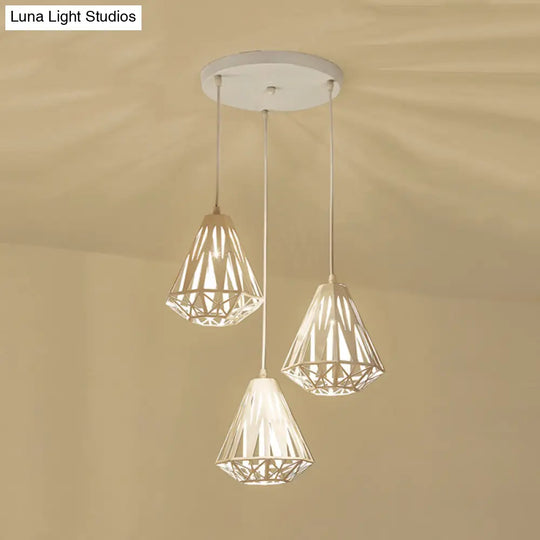 Iron Diamond Cage Pendant Light With 3 Modern White Heads - Stylish Ceiling Suspension Lamp