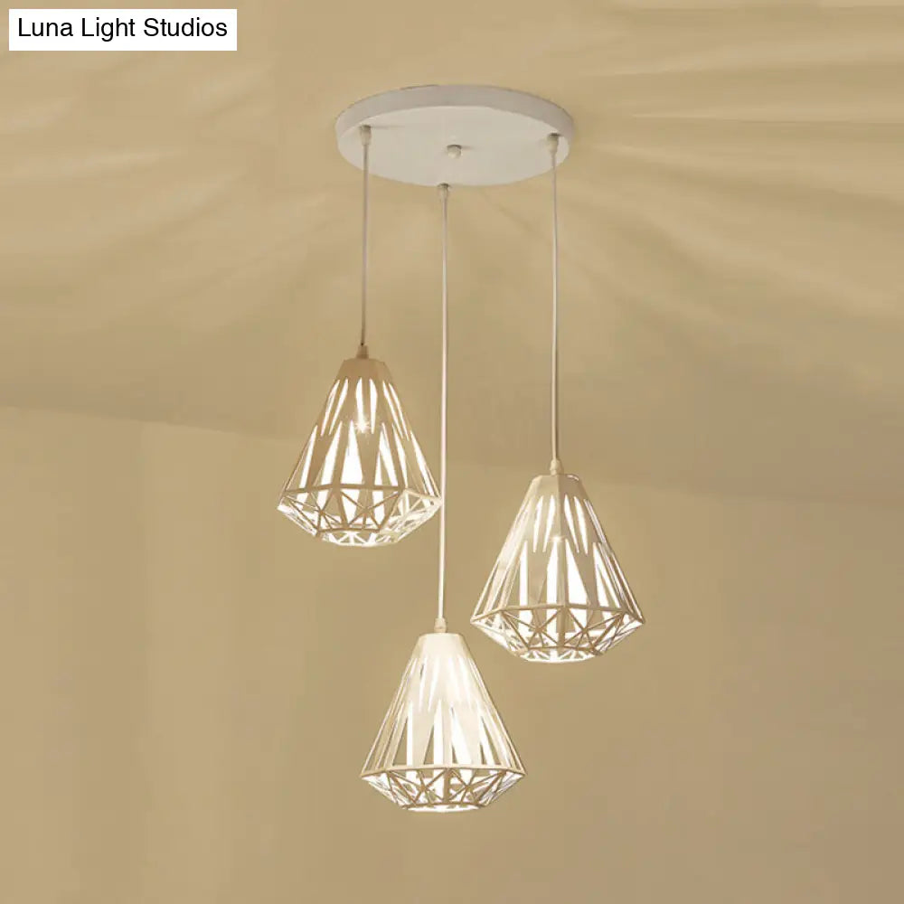 Iron Diamond Cage Pendant Light With 3 Heads Modern White Finish Suspended Ceiling Lamp