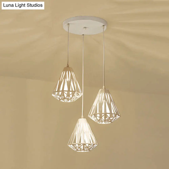 Iron Diamond Cage Pendant Light With 3 Heads Modern White Finish Suspended Ceiling Lamp