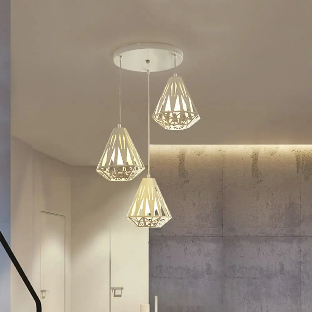 Iron Diamond Cage Pendant Light With 3 Modern White Heads - Stylish Ceiling Suspension Lamp