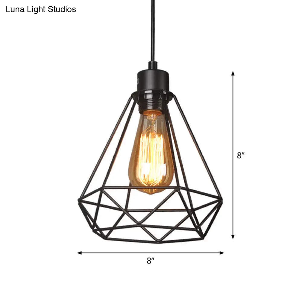 Iron Diamond Industrial Pendant Light Fixture - Bedside Pendulum Lighting Black With 1 Bulb