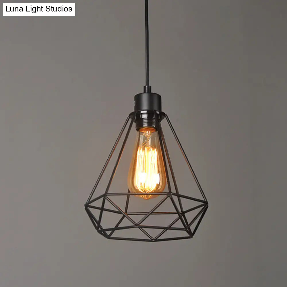 Iron Diamond Industrial Pendant Light Fixture - Bedside Pendulum Lighting Black With 1 Bulb