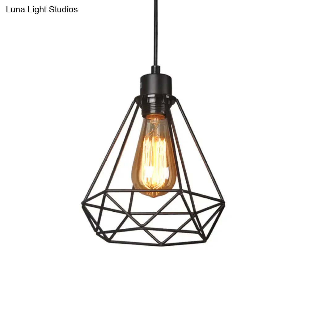 Iron Diamond Hanging Light: Industrial Style Pendant With Bedside Pendulum Black Finish