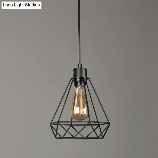 Iron Diamond Industrial Pendant Light Fixture - Bedside Pendulum Lighting Black With 1 Bulb