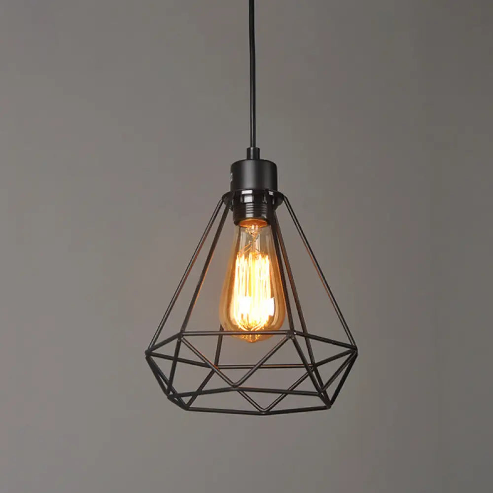 Iron Diamond Hanging Light: Industrial Style Pendant With Bedside Pendulum Black Finish