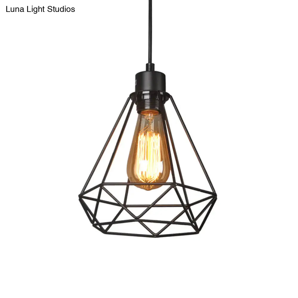 Iron Diamond Industrial Pendant Light Fixture - Bedside Pendulum Lighting Black With 1 Bulb