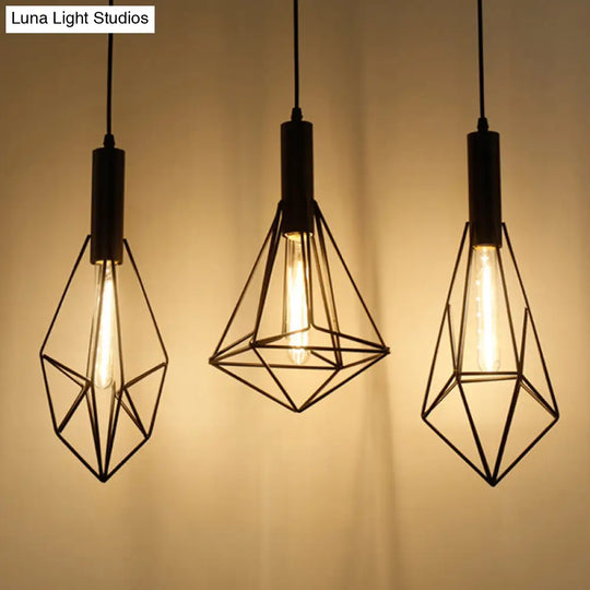 Iron Diamond-Shaped Pendant Light Antique 1-Light Dining Room Hanging Fixture