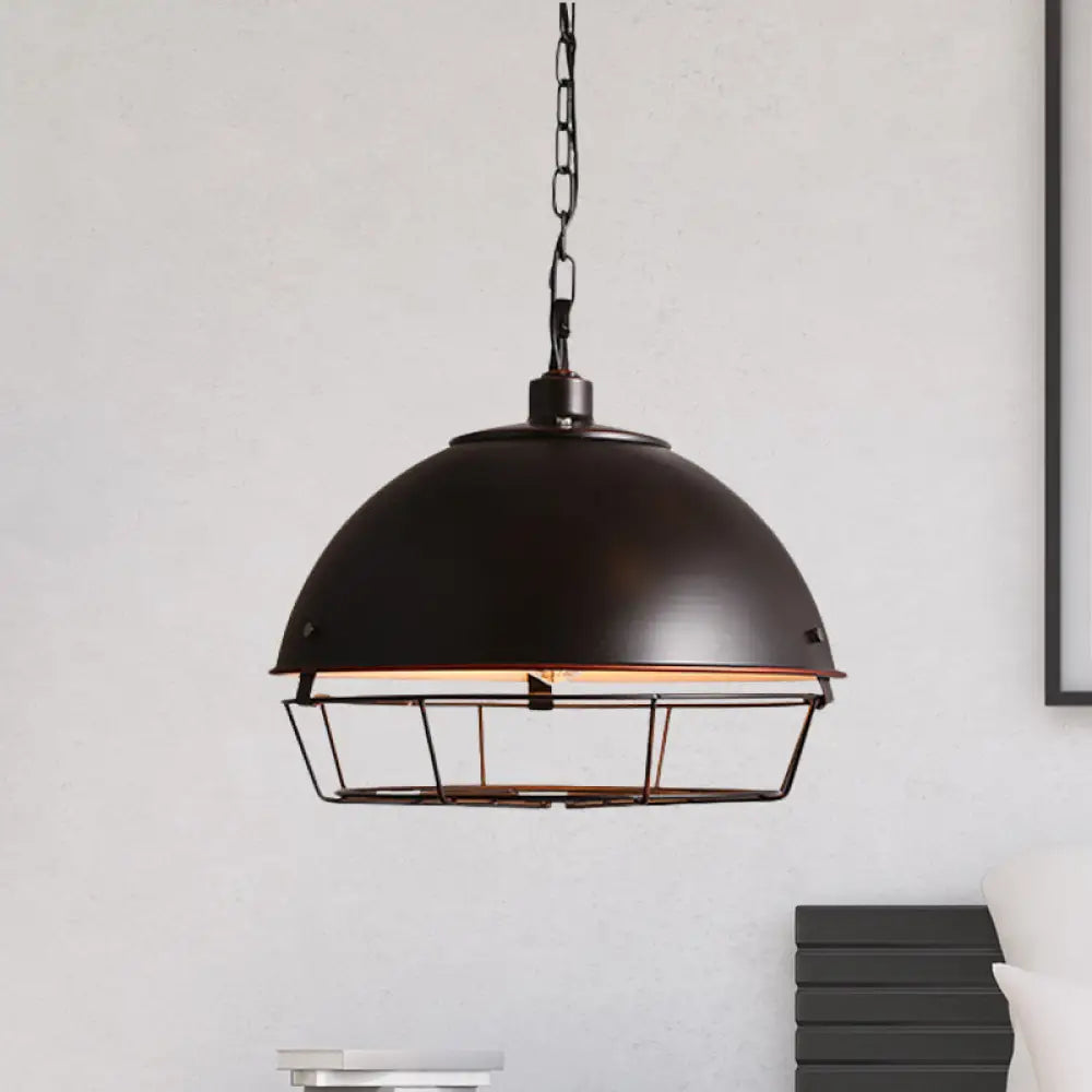 Iron Dome Farmhouse Dining Pendant Lamp With Cage - Black/Rust/Silver 1 Bulb Black