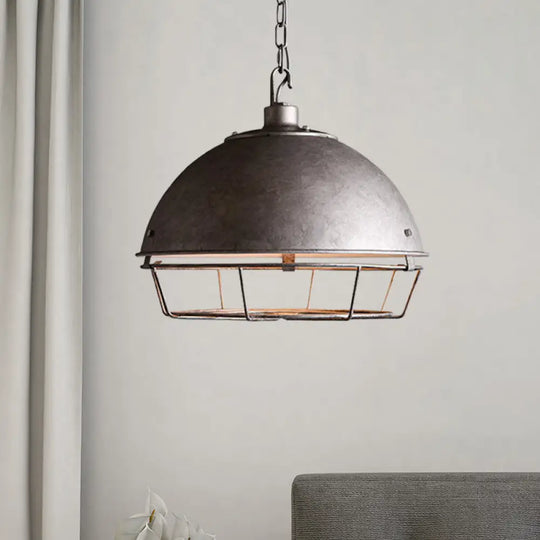 Iron Dome Farmhouse Dining Pendant Lamp With Cage - Black/Rust/Silver 1 Bulb Silver