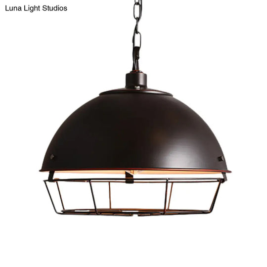 Farmhouse Pendant Lamp With Iron Dome Black/Rust/Silver Finish - 1 Bulb Hanging Light Cage For